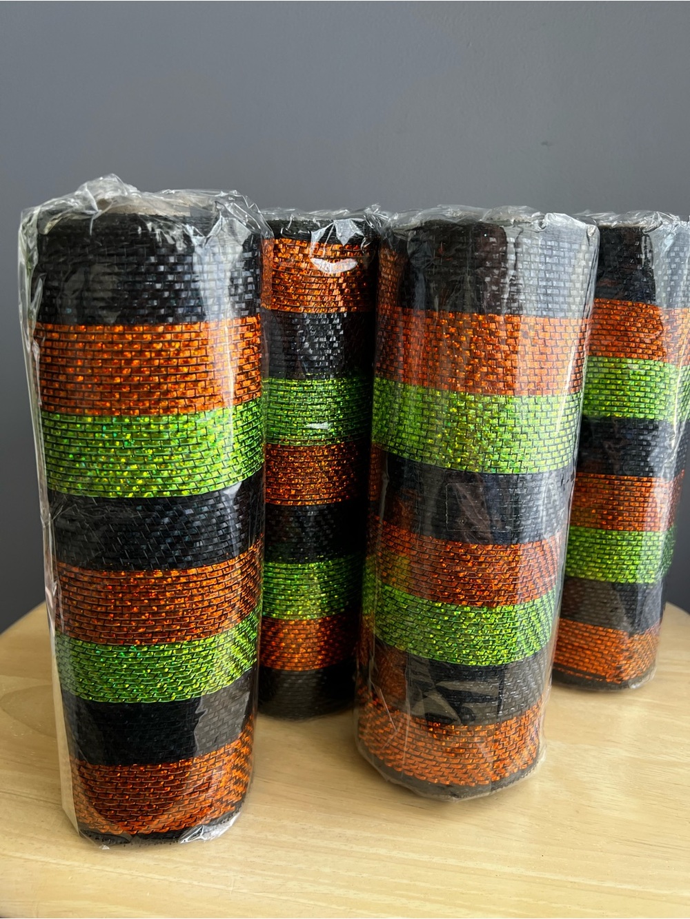 Four Rolls of 10" x 30’ HALLOWEEN Metallic Deco Mesh: Black, Orange, Lime Green
